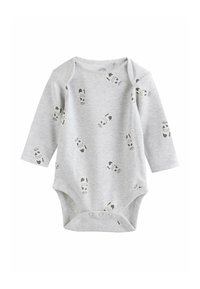 Harmaa pitkähihaisella bodyllä, jossa on mustia jalanjälkikuvioita. Valmistettu pehmeästä puuvillasta ja pohjassa nappisuljin helpottamaan pukemista.