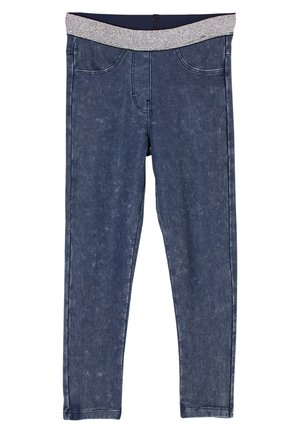 Leggings bleu foncé aspect denim avec une bande élastique argentée à la taille, coutures aux poches avant et coupe ajustée.