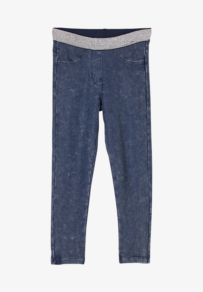 Leggings bleu foncé aspect denim avec une bande élastique argentée à la taille, coutures aux poches avant et coupe ajustée.