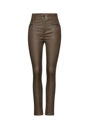 Braune Kunstlederhosen mit hoher Taille, zwei mit Reißverschluss versehenen Fronttaschen und vertikalen Nahtdetails; schlanke Passform.