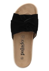 Zwarte suede slide sandalen met een gedraaide bandontwerp, beige inlegzool en witte rubberen buitenzool. Bevat het merklogo "palado" op de inlegzool.
