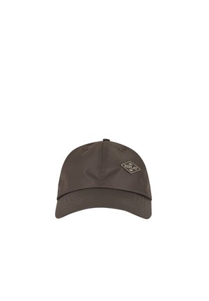 Gorra de béisbol gris oscuro con visera curva y un pequeño parche con forma de diamante en el lado frontal derecho que dice "Replay."
