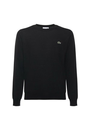 Maglione nero a maniche lunghe con scollo rotondo e piccolo logo coccodrillo verde e bianco sul petto sinistro.