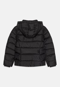 Black puffer jacket with a hood, featuring a quilted design, horizontal stitching, and elastic cuffs. The fabric appears smooth and shiny.