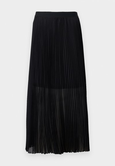 Falda midi plisada negra con una cinturilla elástica suave y una superposición transparente, que presenta finos pliegues verticales a lo largo de la tela.