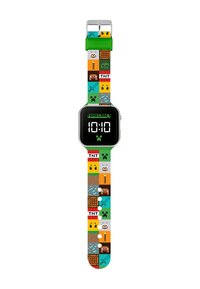 Digitale watch met een vierkante wijzerplaat, een zwart display dat de tijd toont, en een polsband met kleurrijke pixelgrafieken van Minecraft, inclusief personages en items.