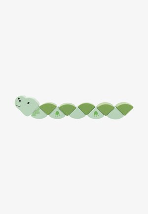 Green caterpillar toy made of plastic, featuring a smiling head and segmented body with varying shades of green and simple patterns.