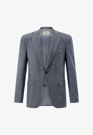 Grauer Blazer mit Fischgrätmuster, zwei Knöpfen, fallenden Revers, einer einzelnen Brusttasche und einem blau gemusterten Innenfutter mit geometrischem Design.