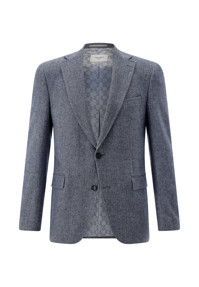 Grauer Blazer mit Fischgrätmuster, zwei Knöpfen, fallenden Revers, einer einzelnen Brusttasche und einem blau gemusterten Innenfutter mit geometrischem Design.