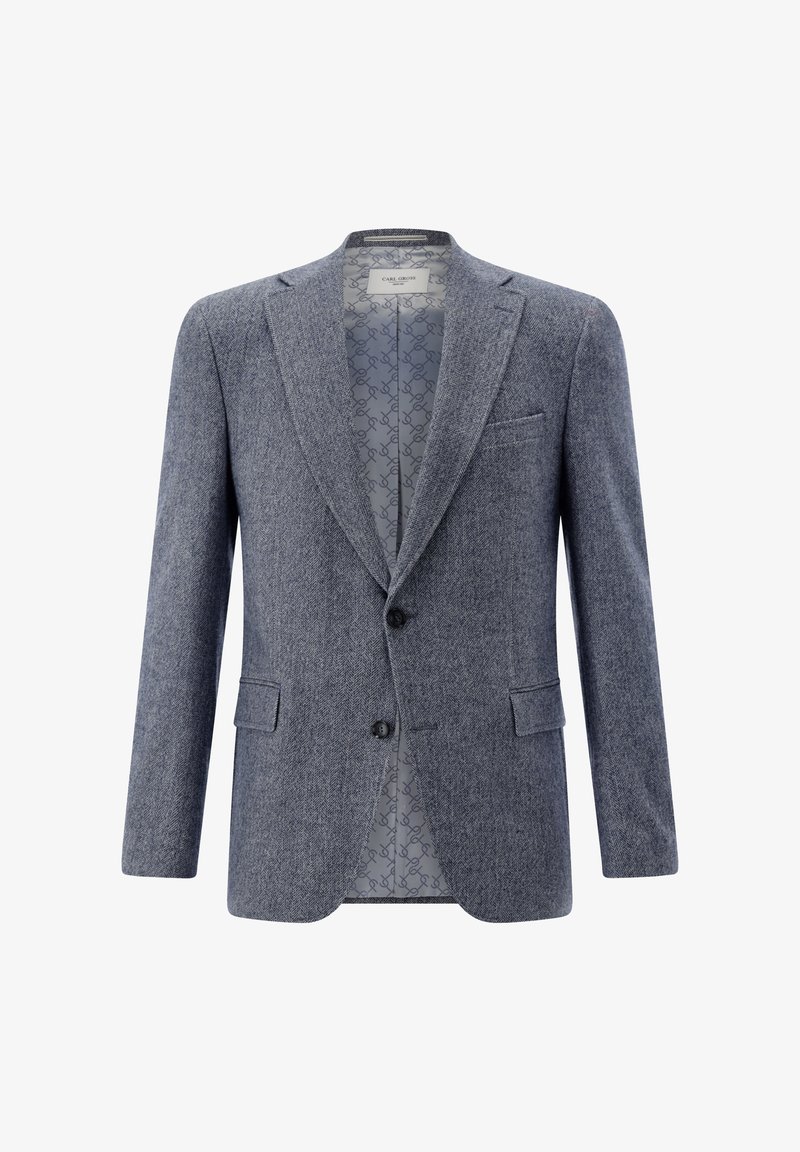 Grauer Blazer mit Fischgrätmuster, zwei Knöpfen, fallenden Revers, einer einzelnen Brusttasche und einem blau gemusterten Innenfutter mit geometrischem Design.