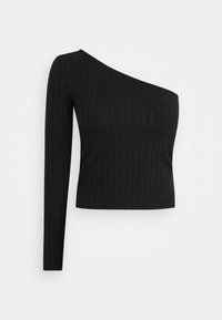 Top de punto acanalado negro con diseño asimétrico, una manga larga y escote de un solo hombro. La tela texturizada añade un detalle especial.