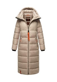 Long beige padded winter coat with high collar, full front zipper, two zippered pockets, and orange branded zipper pulls.