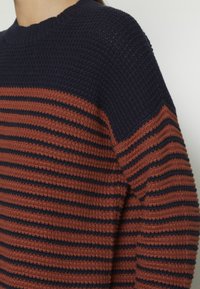 Pull en maille avec le haut bleu marine et des rayures horizontales rouille et bleu marine sur le corps et les manches porté par une personne.