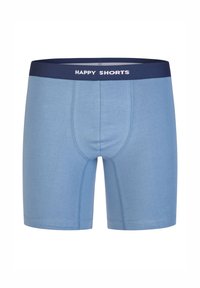 Helle blaue Boxershorts aus weichem Stoff mit einem dunkelblauen elastischen Bund, auf dem der Text "HAPPY SHORTS" in Weiß steht.