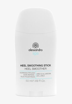 Weißer zylindrischer Behälter mit der Aufschrift Alessandro Spa Heel Smoothing Stick mit den Inhaltsstoffen Harnstoff und Allantoin, 50 ml Größe.