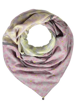 Lichtroze bloemen sjaal met gele bloemenharten, lichtgele en lavendel geometrische patroon en zwart-witte rand, opgevouwen in een cirkelvorm.