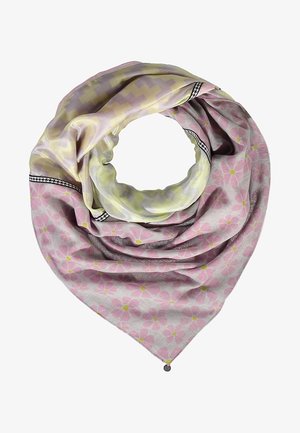 Écharpe florale rose clair avec des centres jaunes, motif géométrique jaune pâle et lavande, et bordure noire et blanche, pliée en forme circulaire.