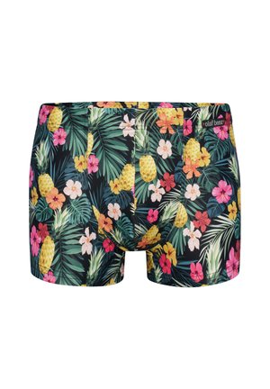 Bokserki męskie z tropikalnym wzorem żółtych ananasów, zielonych liści palmowych oraz różowych, białych i pomarańczowych kwiatów hibiskusa na czarnym tle.