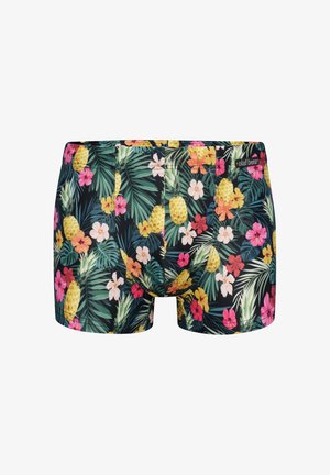 Herreboxershorts med tropisk mønster af gule ananas, grønne palmeblade samt rosa, hvide og orange hibiskusblomster på sort baggrund.