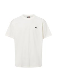 Camiseta de algodón blanca con cuello redondo y mangas cortas. Presenta un pequeño logo negro en el lado izquierdo del pecho. Textura suave, corte relajado.