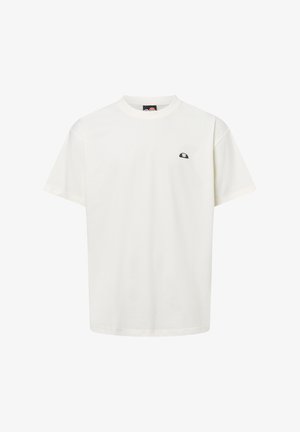 Camiseta de algodón blanca con cuello redondo y mangas cortas. Presenta un pequeño logo negro en el lado izquierdo del pecho. Textura suave, corte relajado.