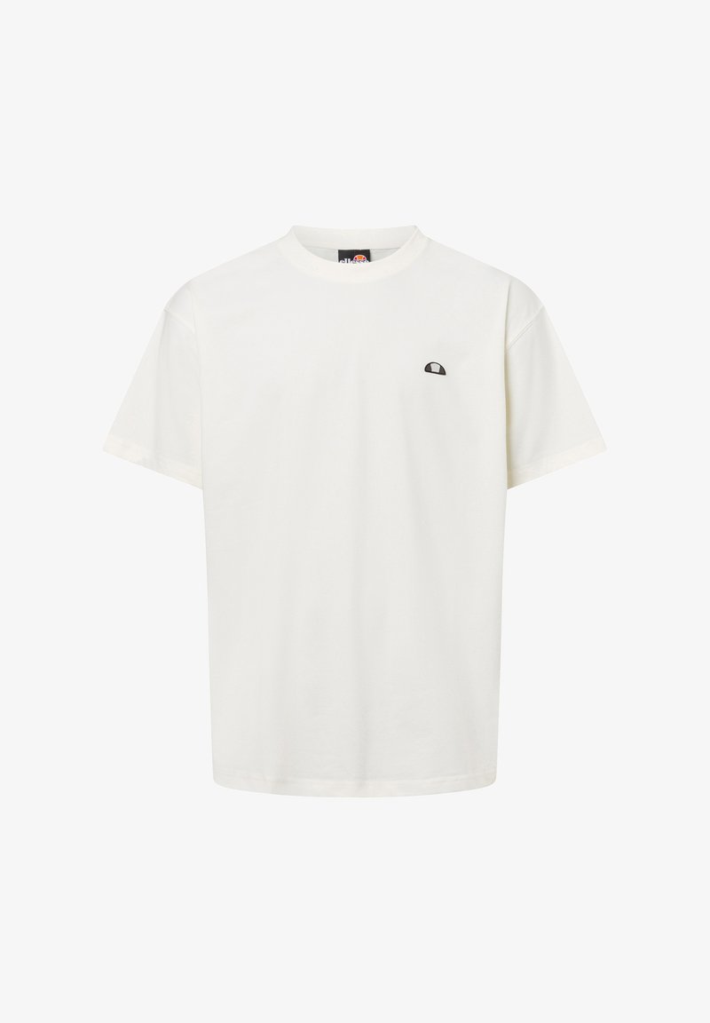 Camiseta de algodón blanca con cuello redondo y mangas cortas. Presenta un pequeño logo negro en el lado izquierdo del pecho. Textura suave, corte relajado.