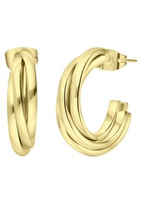 Goldene Creolen mit einem gedrehten Design, das eine glatte, glänzende Textur aufweist. Jede Ohrringe zeigt mehrere miteinander verbundene Bänder.