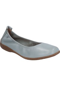 Light blue leather ballet flats with a rounded toe and a low, textured rubber sole. Features a stitched upper and minimalistic design.