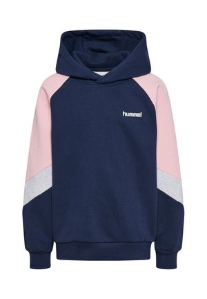 Marineblauer Hoodie mit pinkfarbenen und grauen Raglanärmeln, einer Kängurutasche und einem kleinen weißen Logo auf der Brust. Weiches Baumwollmischgewebe.