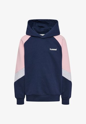 Donkerblauwe hoodie met roze en grijze raglanmouwen, een kangoeroezak en een klein wit logo op de borst. Gemaakt van een zachte katoenmengeling.