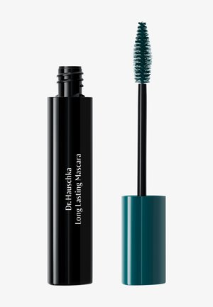 Tube de mascara noir étiqueté Dr. Hauschka Long Lasting Mascara avec bouchon turquoise et brosse séparée, sur un fond blanc uni.