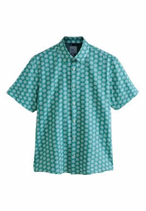 Kurzärmliges, tealfarbenes Hemd mit Knöpfen, weißem Sonnenstrahlenmuster und spitzem Kragen, flach auf einem weißen Hintergrund dargestellt.