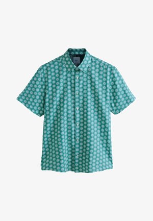 Kurzärmliges, tealfarbenes Hemd mit Knöpfen, weißem Sonnenstrahlenmuster und spitzem Kragen, flach auf einem weißen Hintergrund dargestellt.