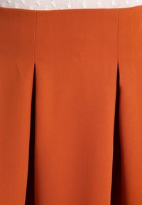 Jupe orange rouille avec un design plissé. Fabriquée en tissu texturé, elle possède une taille lisse et des lignes épurées, mettant en avant un look ajusté.