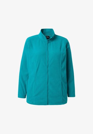 Chaqueta de forro polar azul verdoso con cremallera, mangas largas, cuello alto, dos bolsillos laterales y costuras ajustadas para un aspecto entallado.