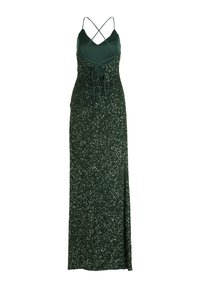 Langes, ärmelloses grünes Kleid mit einem figurbetonten Oberteil, Paillettenstruktur, überkreuzten Trägern und einem Schlitz für einen besseren Bewegungsfreiheit.