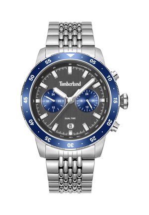 Srebrna kovinska ura Timberland s črnim številčnico, modrim obročem, podštevilčnicami za dvojni čas, tahimetrom, okencem za datum in povezanim zapestnim trakom.