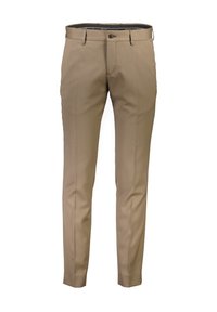 Pantaloni beige su misura con una texture liscia, vestibilità slim, tasca posteriore singola e chiusura con bottone in vita. Design con frontale piatto.