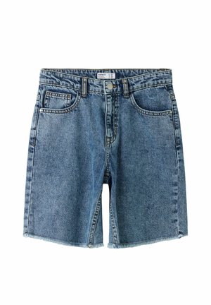 Modré riflové krátke nohavice s predným gombíkom, pútkami na opasok a piatimi vreckami, s neupraveným lemom a mierne vyblednutým vzhľadom.