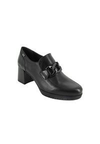 Scarpa nera in pelle con tacco a blocco e punta arrotondata, accentuata da una catena decorativa e una superficie strutturata; presenta una suola robusta per una migliore aderenza.