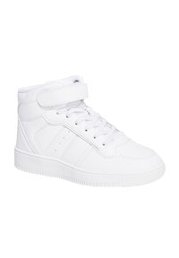 Zapatillas altas blancas de cuero sintético, con diseño de cordones, correa de velcro, cuello acolchado y suela de goma texturizada.