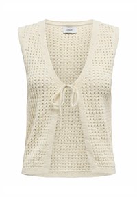 Top senza maniche lavorato a maglia color crema con scollatura a V, caratterizzato da una chiusura con legatura sul davanti e un motivo a lavorazione aperta su tutta la stoffa.