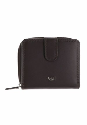 Portefeuille en cuir marron foncé avec fermeture éclair et bouton-pression, avec un petit emblème logo argenté centré sur le devant.