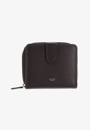 Portefeuille en cuir marron foncé avec fermeture éclair et bouton-pression, avec un petit emblème logo argenté centré sur le devant.