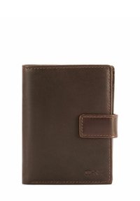 Brązowy skórzany portfel o gładkiej fakturze, z dwudzielnym projektem i zapięciem na zatrzask. Posiada detale przeszyć oraz wytłoczone logo na przodzie.