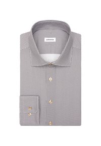 Camicia con bottoni caratterizzata da un motivo a scacchi bianco e nero, realizzata in tessuto intrecciato con colletto strutturato e bottoni dorati.