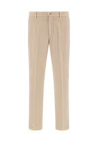Pantaloni beige realizzati in tessuto liscio, con chiusura a bottone, design a gamba dritta e parte anteriore semplice senza tasche.