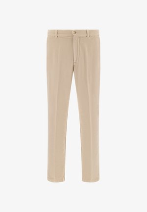 Beige bukser lavet af glat stof, med knaplukning, lige ben-design, og en simpel front uden lommer.