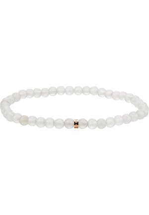 Klarer Edelsteinarmband mit gleichmäßig großen, glatten, runden Perlen. Verfügt über eine einzelne metallische Akzentperle in Roségoldfarbe.