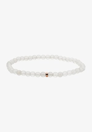 Klarer Edelsteinarmband mit gleichmäßig großen, glatten, runden Perlen. Verfügt über eine einzelne metallische Akzentperle in Roségoldfarbe.